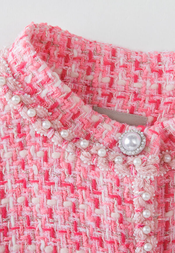 Stand-collar Patch-pocket Embellished-trim Checked Dress - Image 3