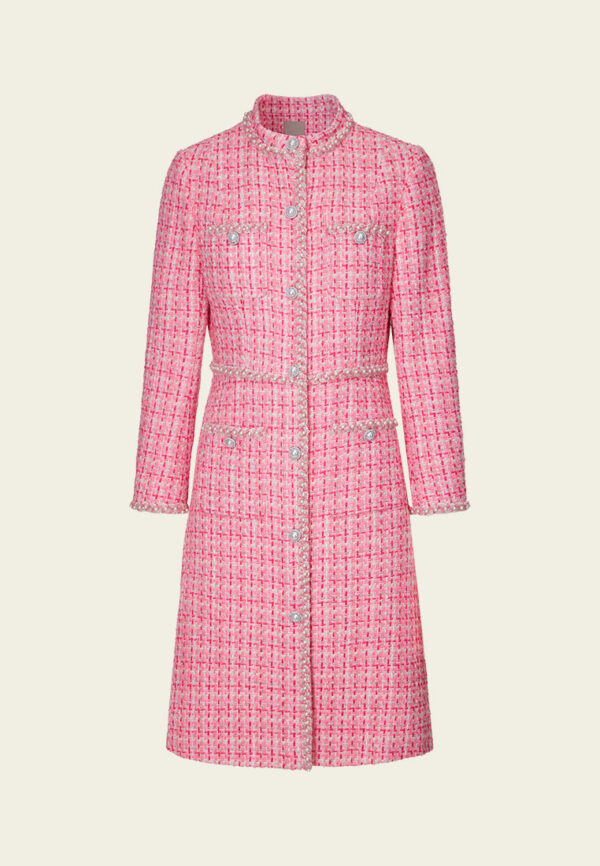 Stand-collar Patch-pocket Embellished-trim Checked Dress
