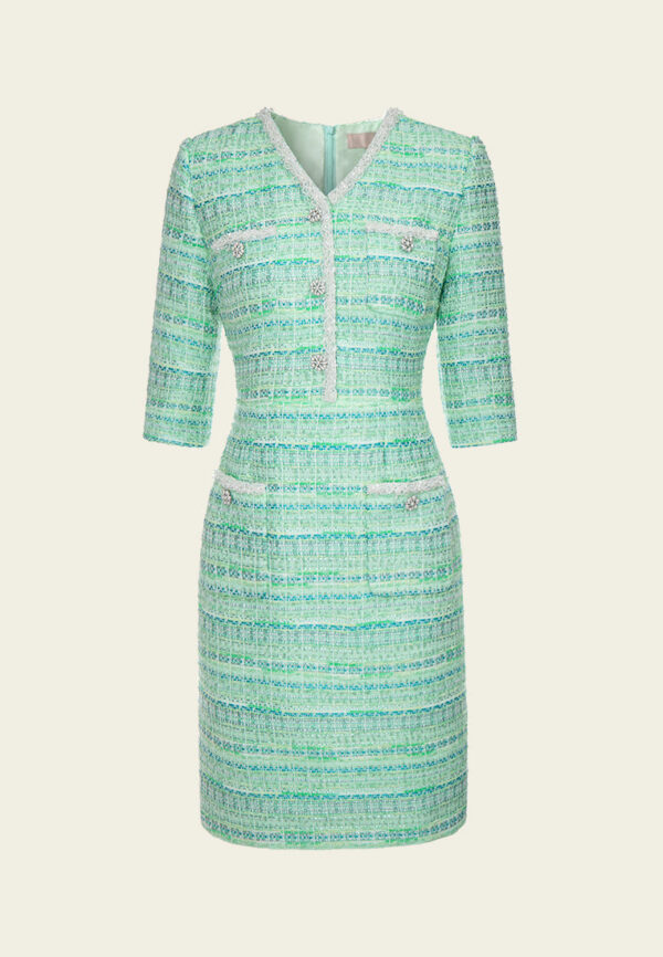 Lime Green Beaded-Trim Embellished-Button slim-fit Dress