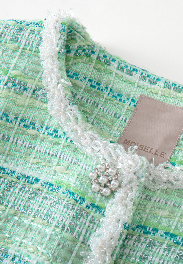 Lime Green Beaded-Trim Embellished-Button slim-fit Jacket - Image 3